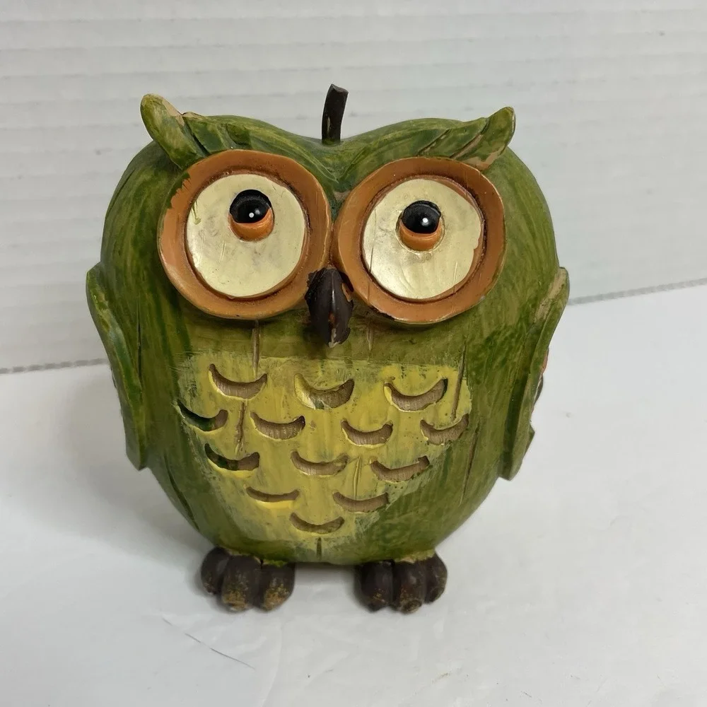 OWL Apple Shaped Wood Resin Figurine Green Glitter Wings Textured